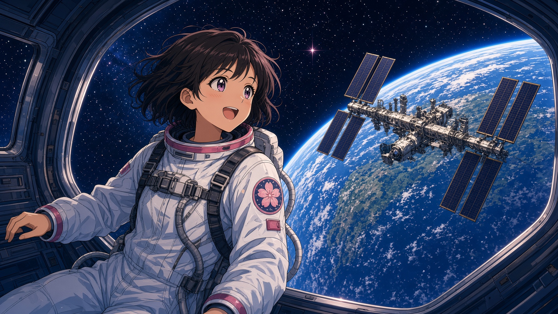 Anime rendering of Expedition 75 commander Jessica Meir in the cupola watching Progress 96 approach the International Space Station over Earth